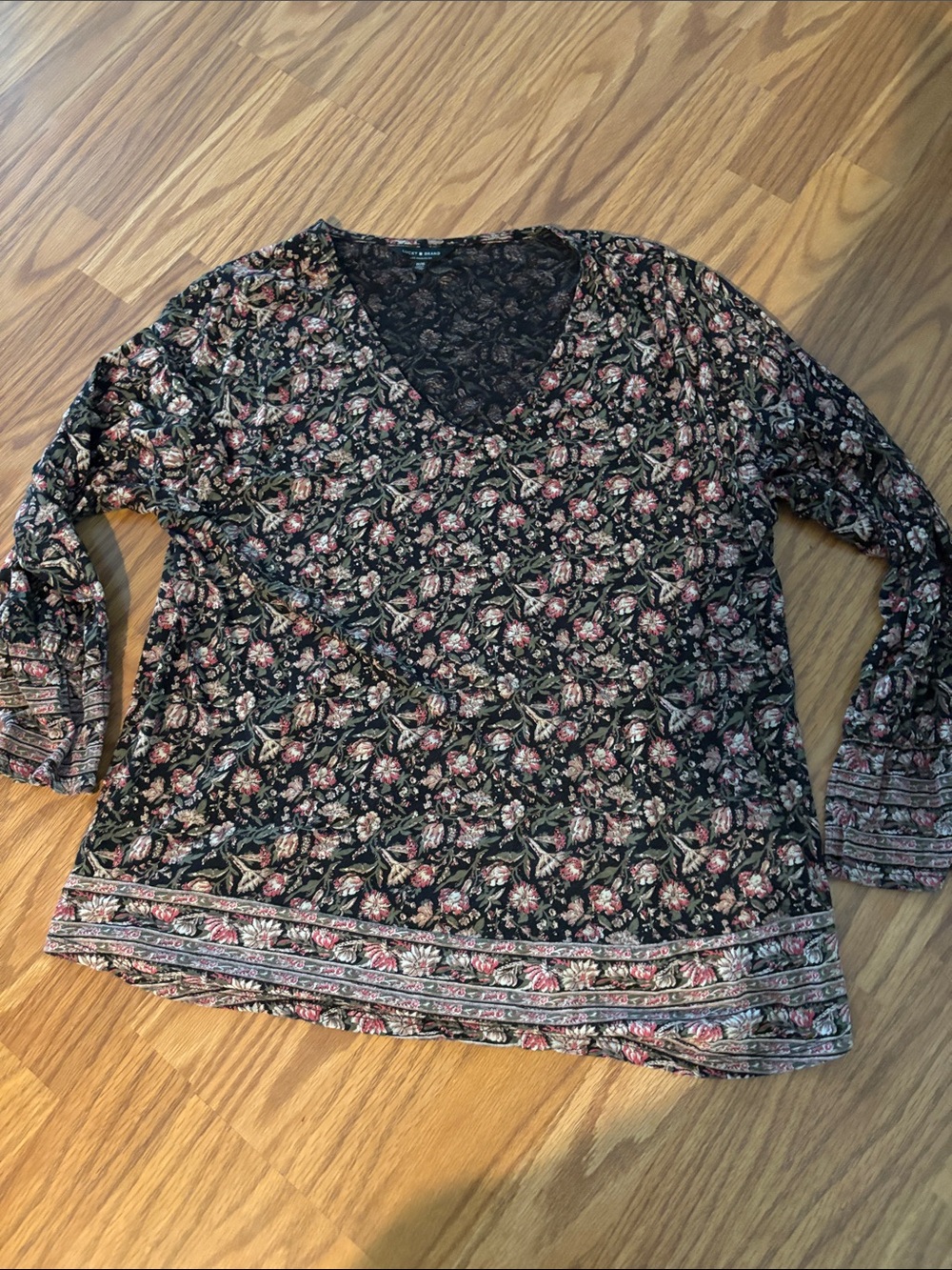 Lucky Brand Black Floral V-Neck Tunic with Pink Accents